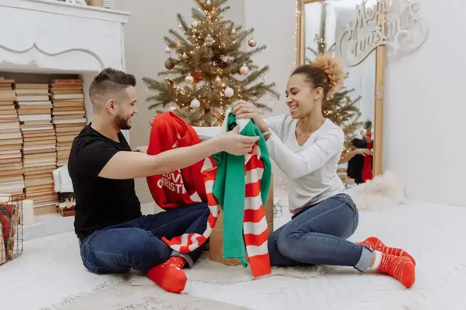 Couple exchanging Christmas sweaters in festive holiday setting with tree.