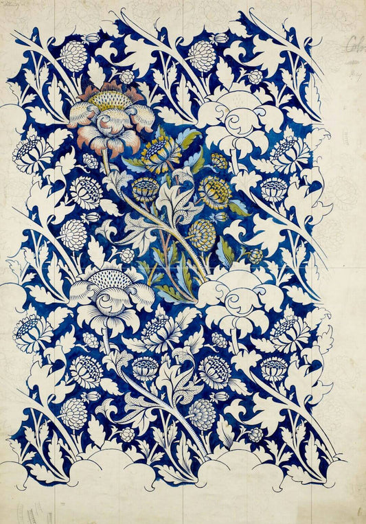 Intricate floral pattern with blue and white colors, showcasing artistic techniques in t-shirt design.