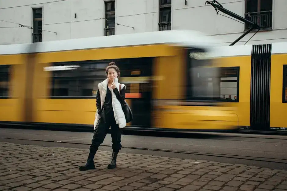 Woman in streetwear outfit standing by a motion-blurred yellow tram, reflecting urban style and dynamic street culture.