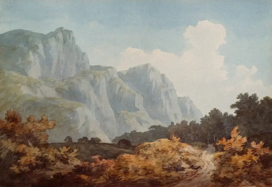 Serene landscape painting of majestic mountains and autumn foliage under a bright sky.