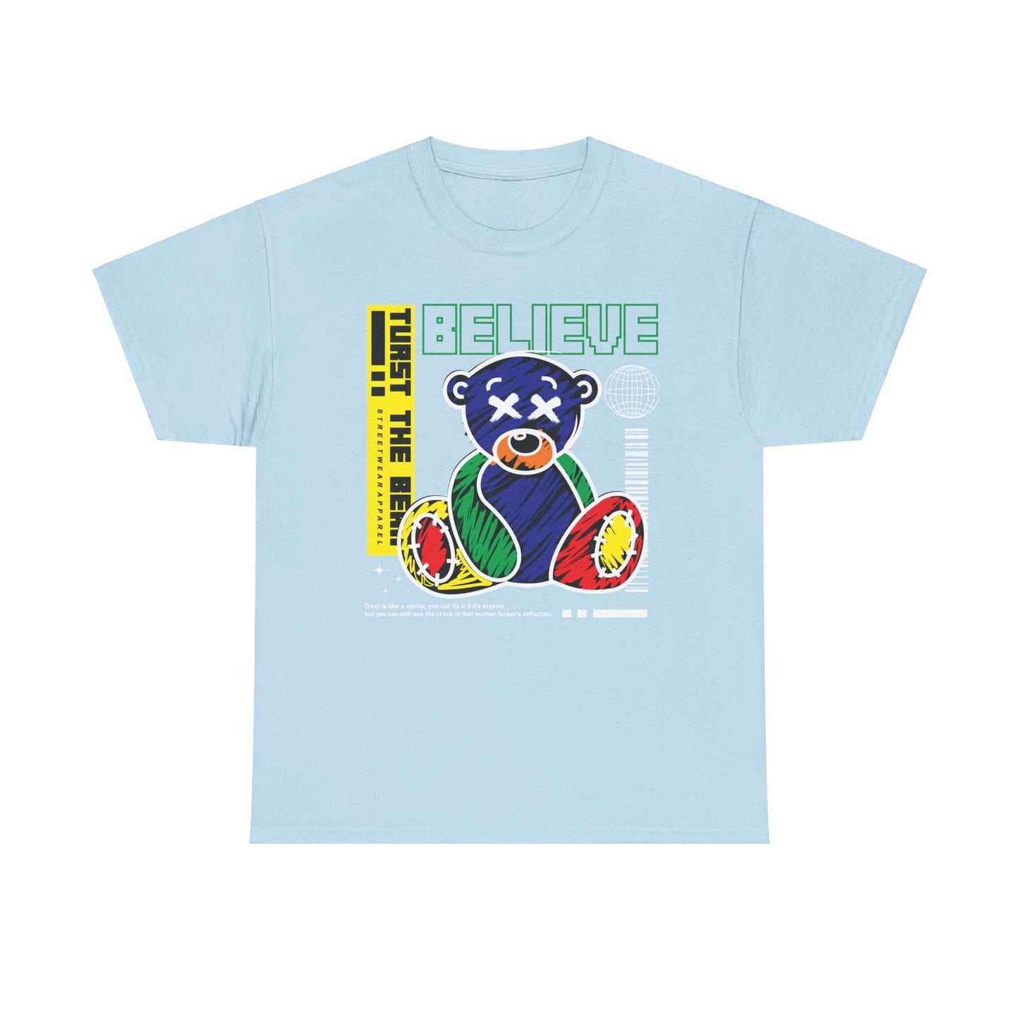 Bear Believe Unisex Tee with colorful bear drawing and 'Believe' quote, perfect for casual wear and as a motivational gift.