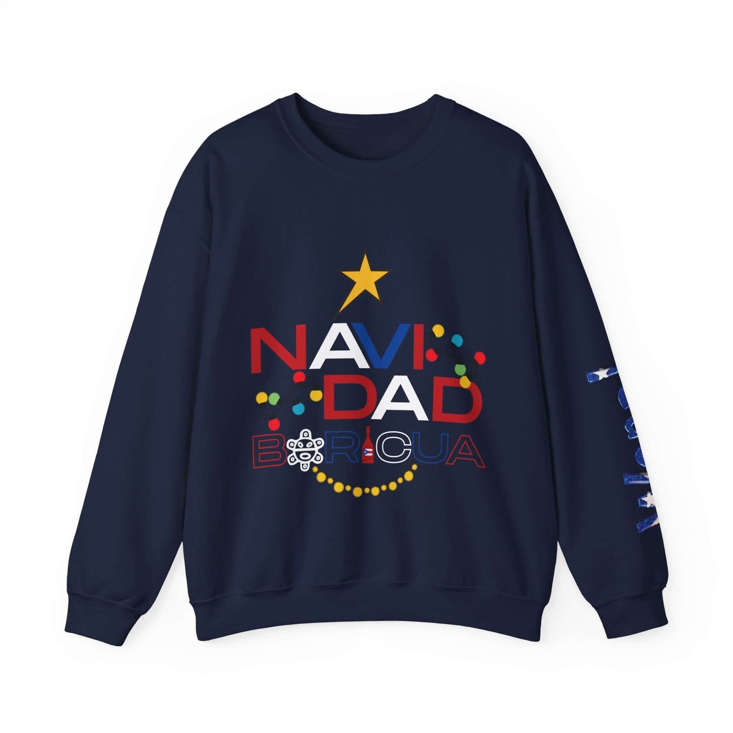 Customizable Christmas sweater with NAVIDAD BORICUA design, vibrant left sleeve print, traditional petroglyphs, festive holiday wear.