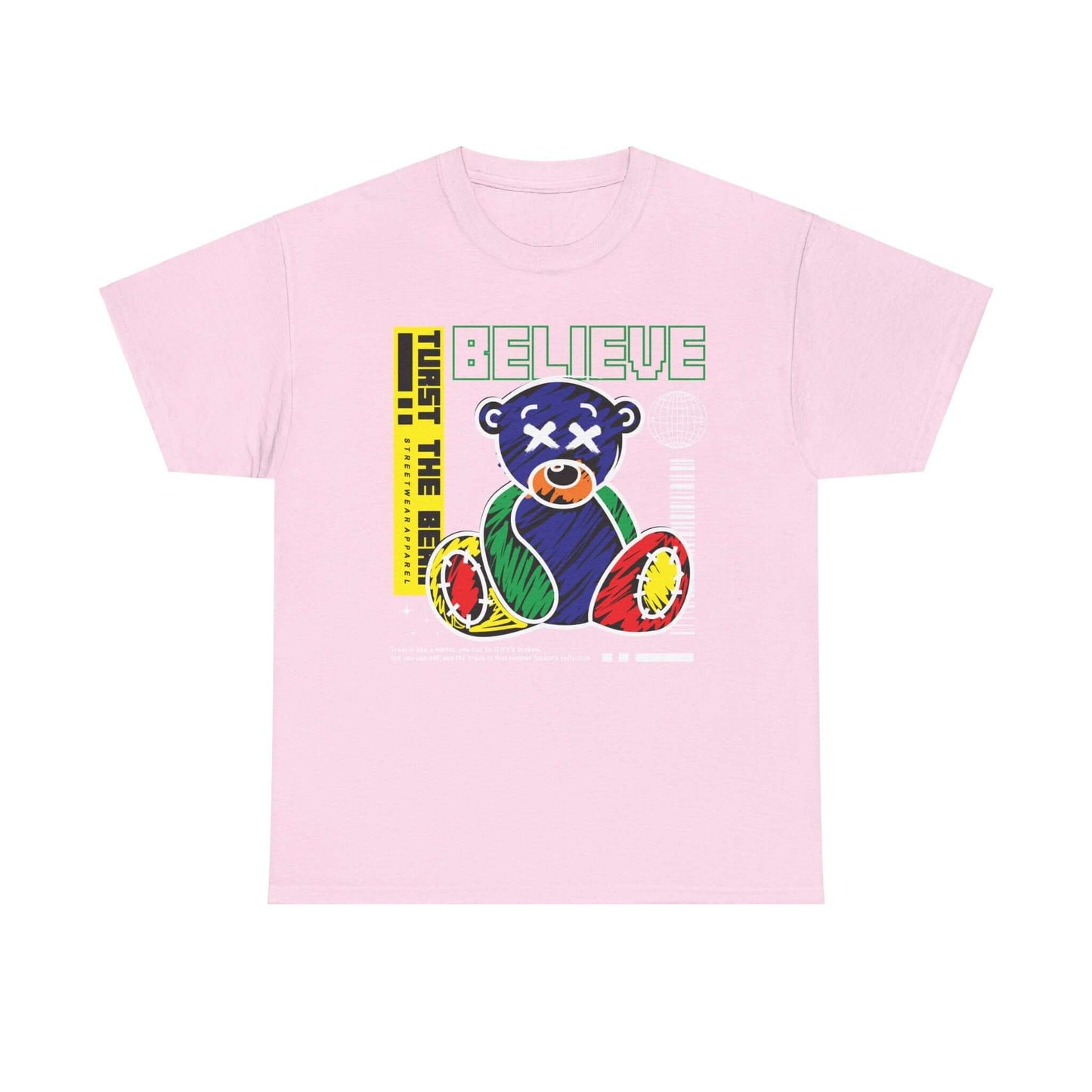 Bear Believe Unisex Tee with colorful bear drawing and inspirational quote on pink cotton. Ideal for casual wear and motivational gifting.