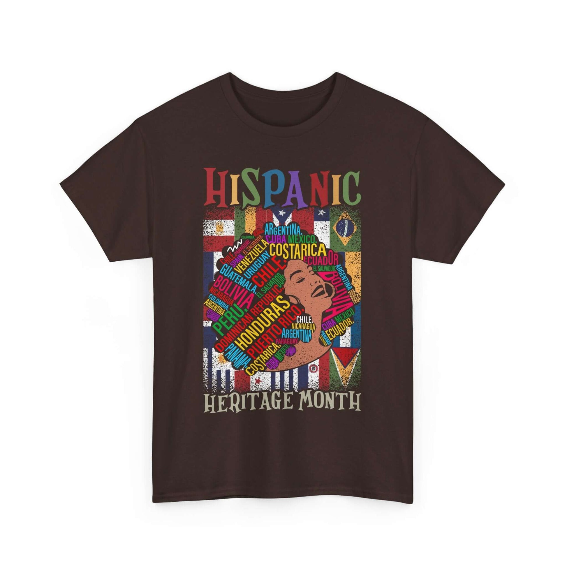 Hispanic Heritage Tee with colorful flags forming a face portrait, bold "Hispanic Heritage Month" text, and cultural colors.