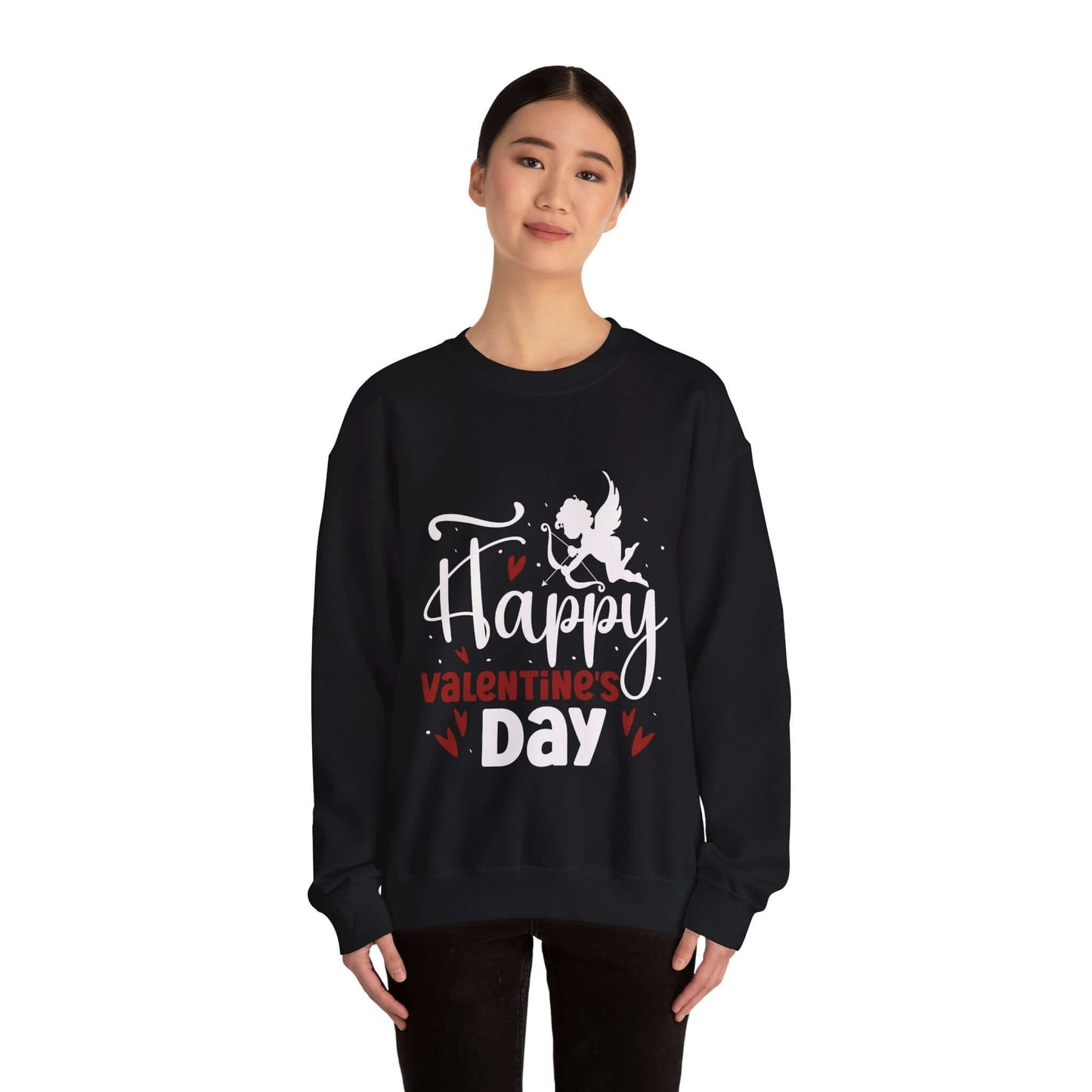 Woman wearing Happy Valentine's Day sweatshirt with cupid and hearts design.
