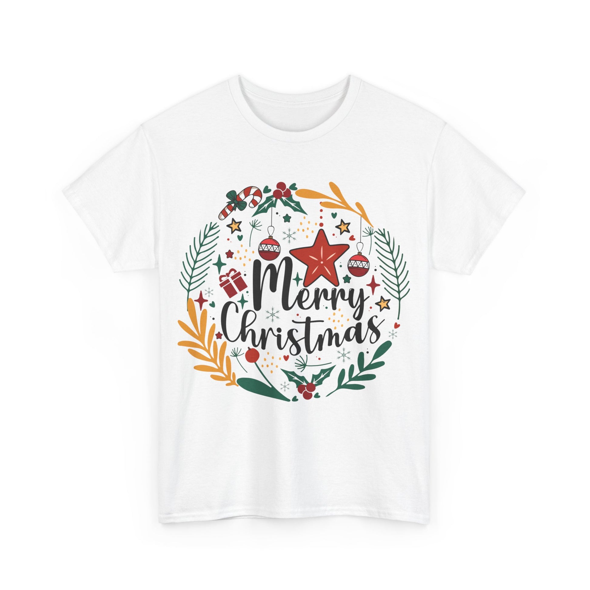 White Christmas wreath tee with "Merry Christmas" design, perfect for festive holiday gatherings and seasonal celebrations.