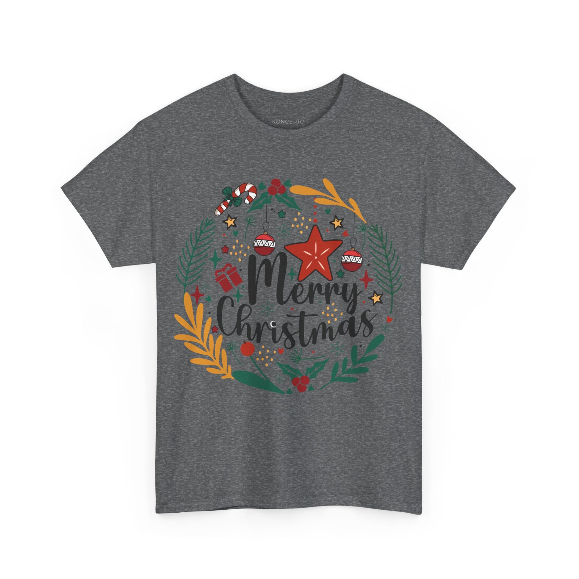 Christmas wreath tee featuring "Merry Christmas" design, perfect for festive holiday celebrations and casual gatherings.