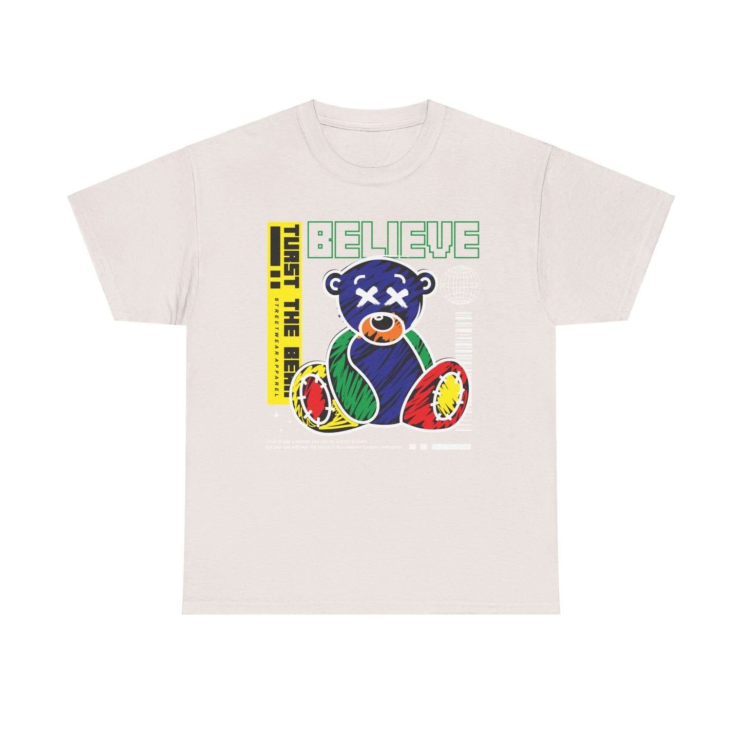 Unisex tee with colorful bear design and inspirational "Believe" quote, ideal for casual wear and as a positive gift.