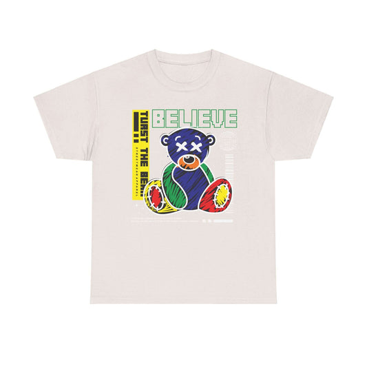 Unisex tee with colorful bear design and inspirational "Believe" quote, ideal for casual wear and as a positive gift.