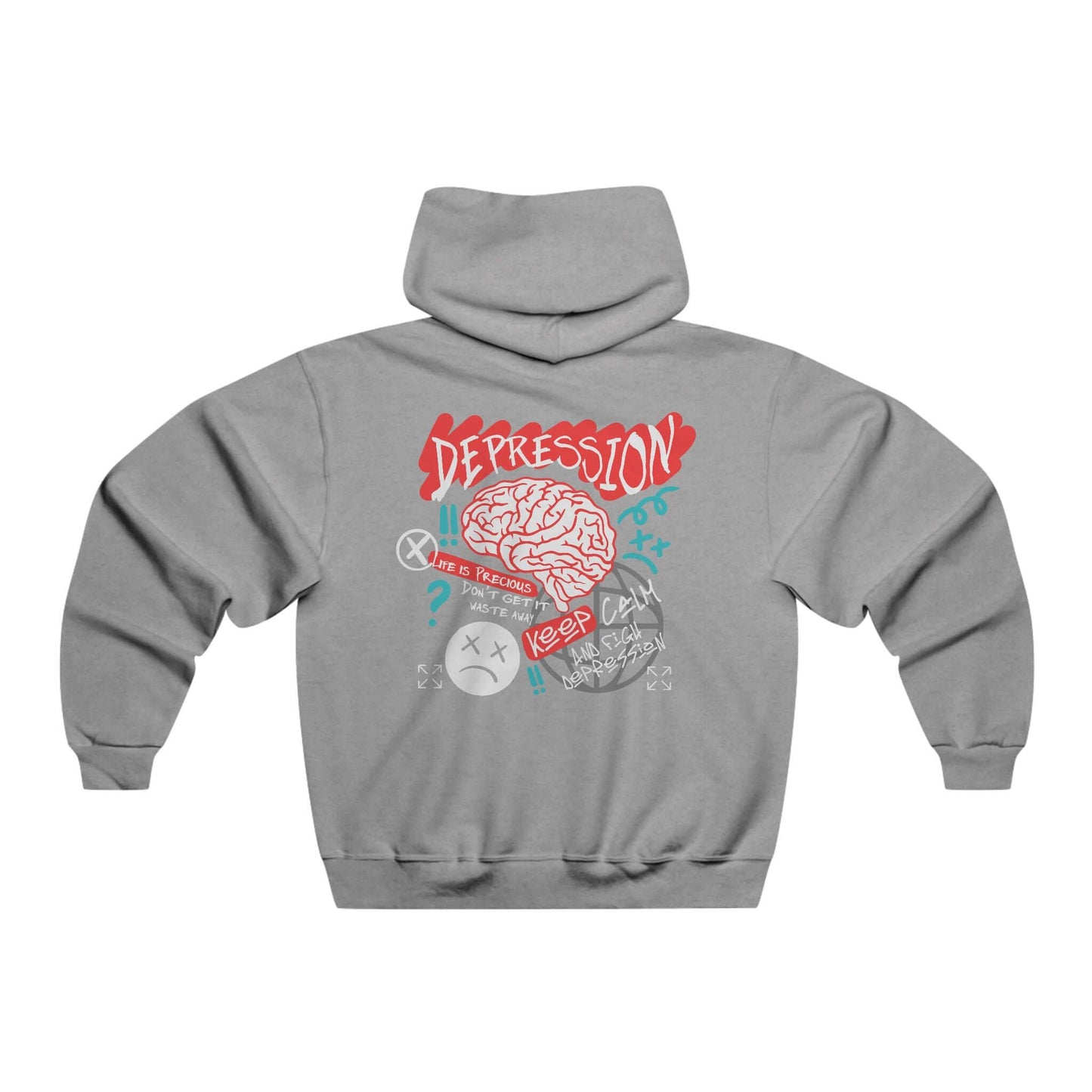 Grey hoodie with graphic design featuring a brain and word 'Depression' for mental health awareness. Soft blend fabric, motivational wear.