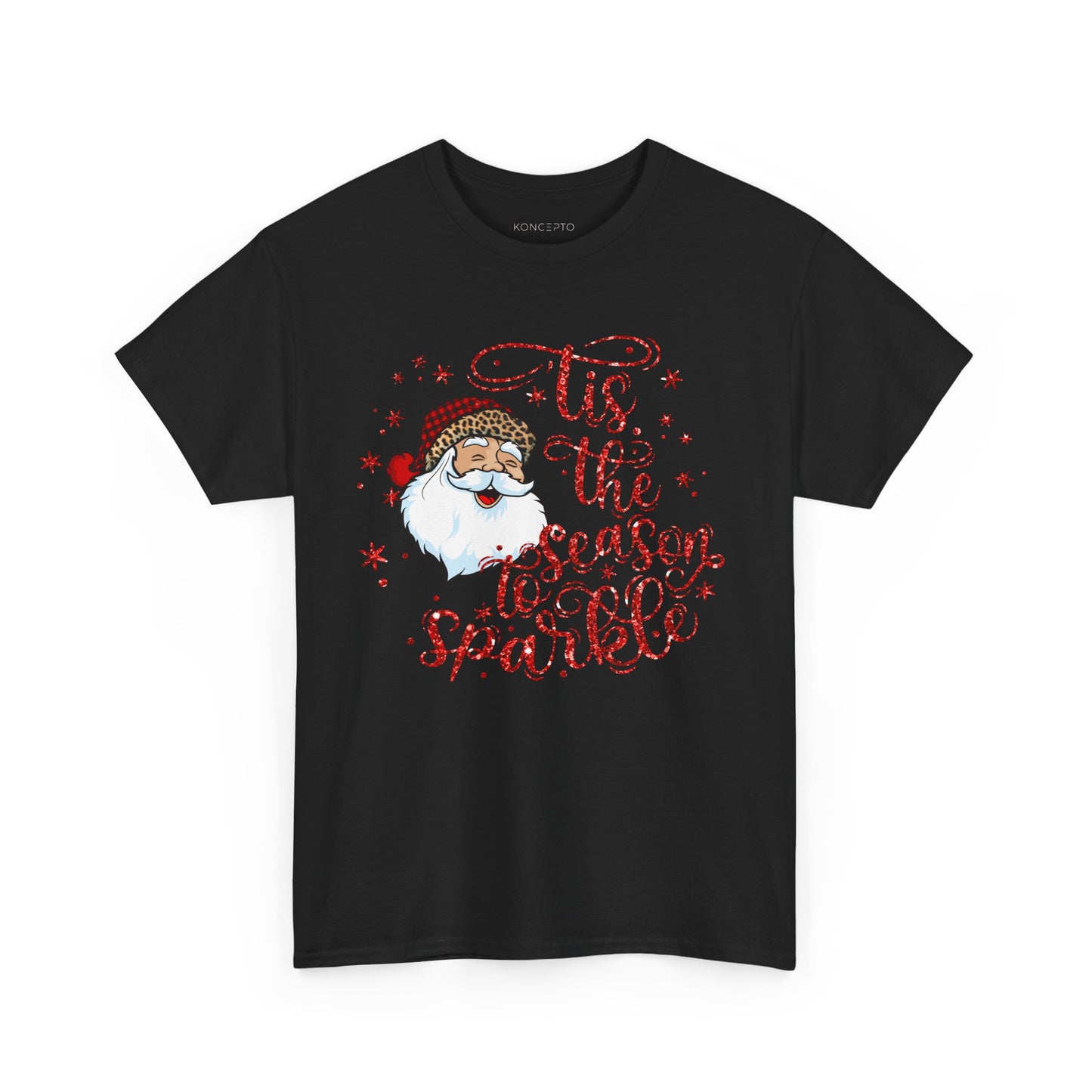 Festive Santa Claus design on a black tee with the text "Tis the Season to Sparkle," perfect for holiday celebrations.