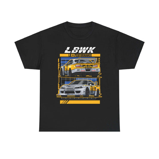 Retro Pop Art Tee with LB Performance Race Cars Design, Ideal Cozy Holiday Gift for Car Enthusiasts, Black Unisex Cotton Shirt