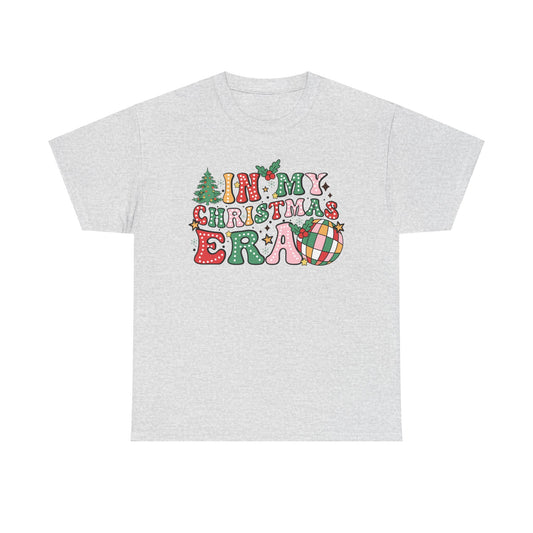 Unisex grey t-shirt featuring festive "In My Christmas Era" design with holiday elements like a tree and ornaments.