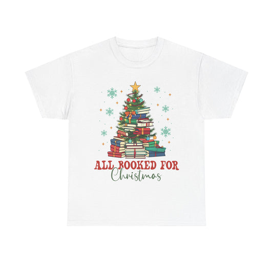 Christmas Book Lover Tee featuring a colorful book tree design, perfect for festive holiday celebrations.