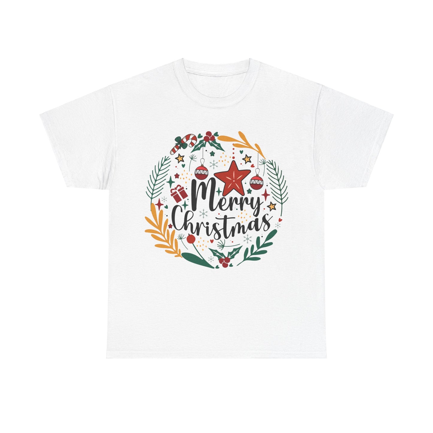 Festive Christmas wreath tee with "Merry Christmas" design, perfect for holiday gatherings and celebrations. Unisex heavy cotton shirt.