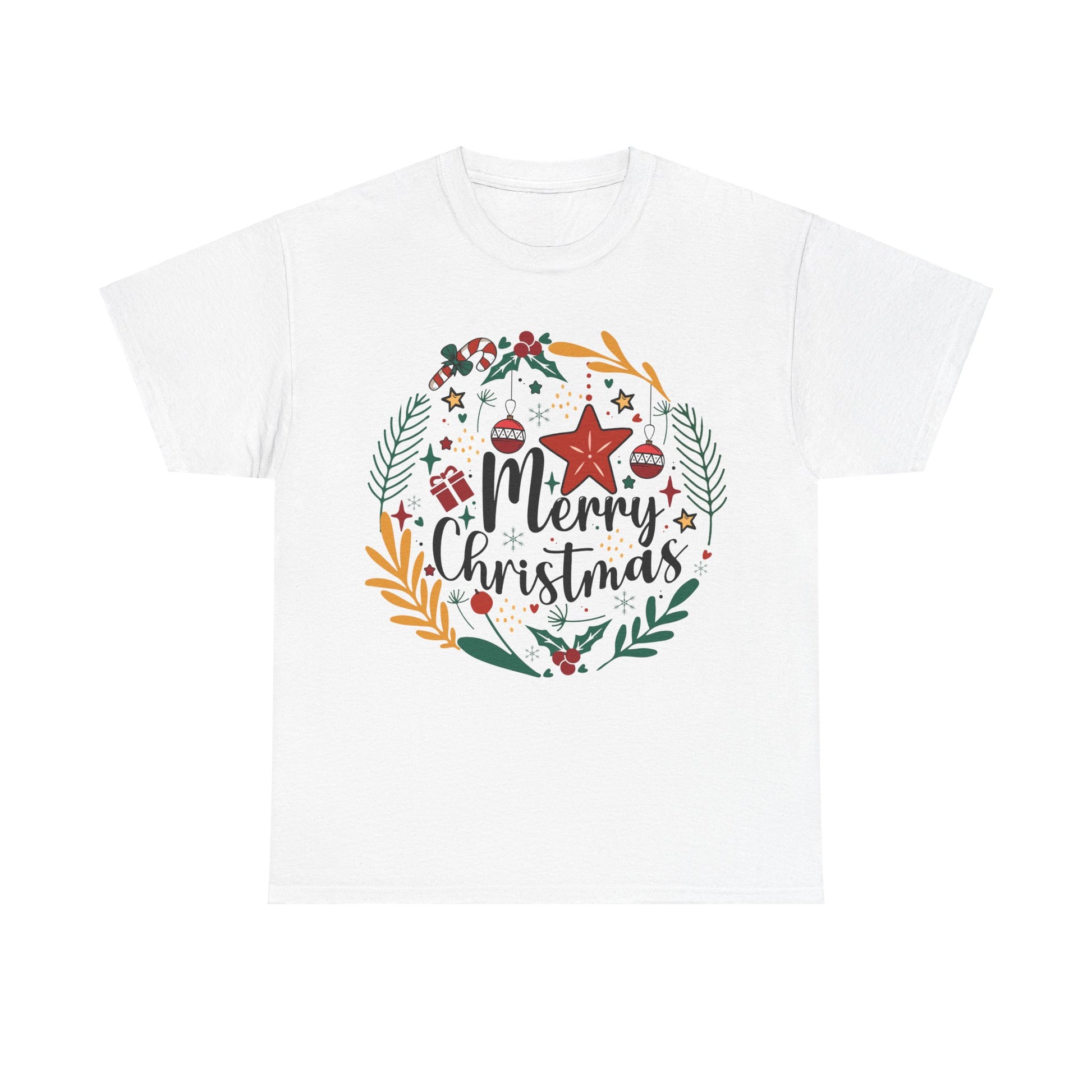 Festive Christmas wreath tee with "Merry Christmas" design, perfect for holiday gatherings and celebrations. Unisex heavy cotton shirt.
