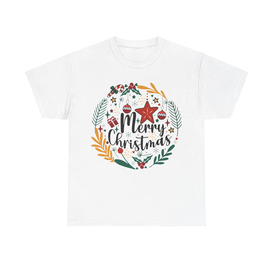 Festive Christmas wreath tee with "Merry Christmas" design, perfect for holiday gatherings and celebrations. Unisex heavy cotton shirt.