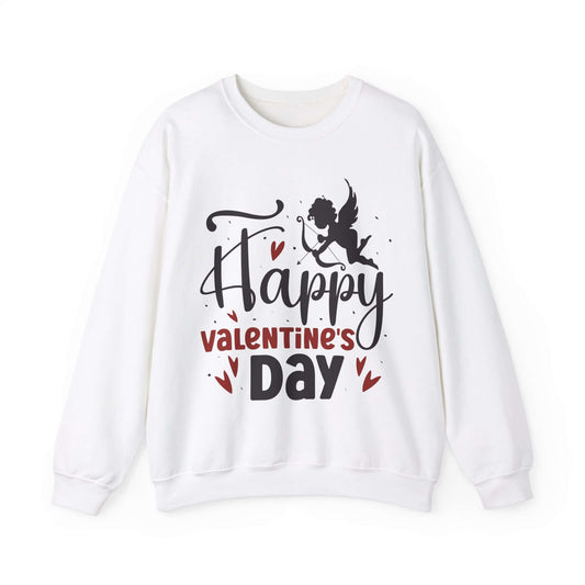 White Valentine's Day sweatshirt with 'Happy Valentine's Day' text and Cupid graphic, perfect for romantic occasions.