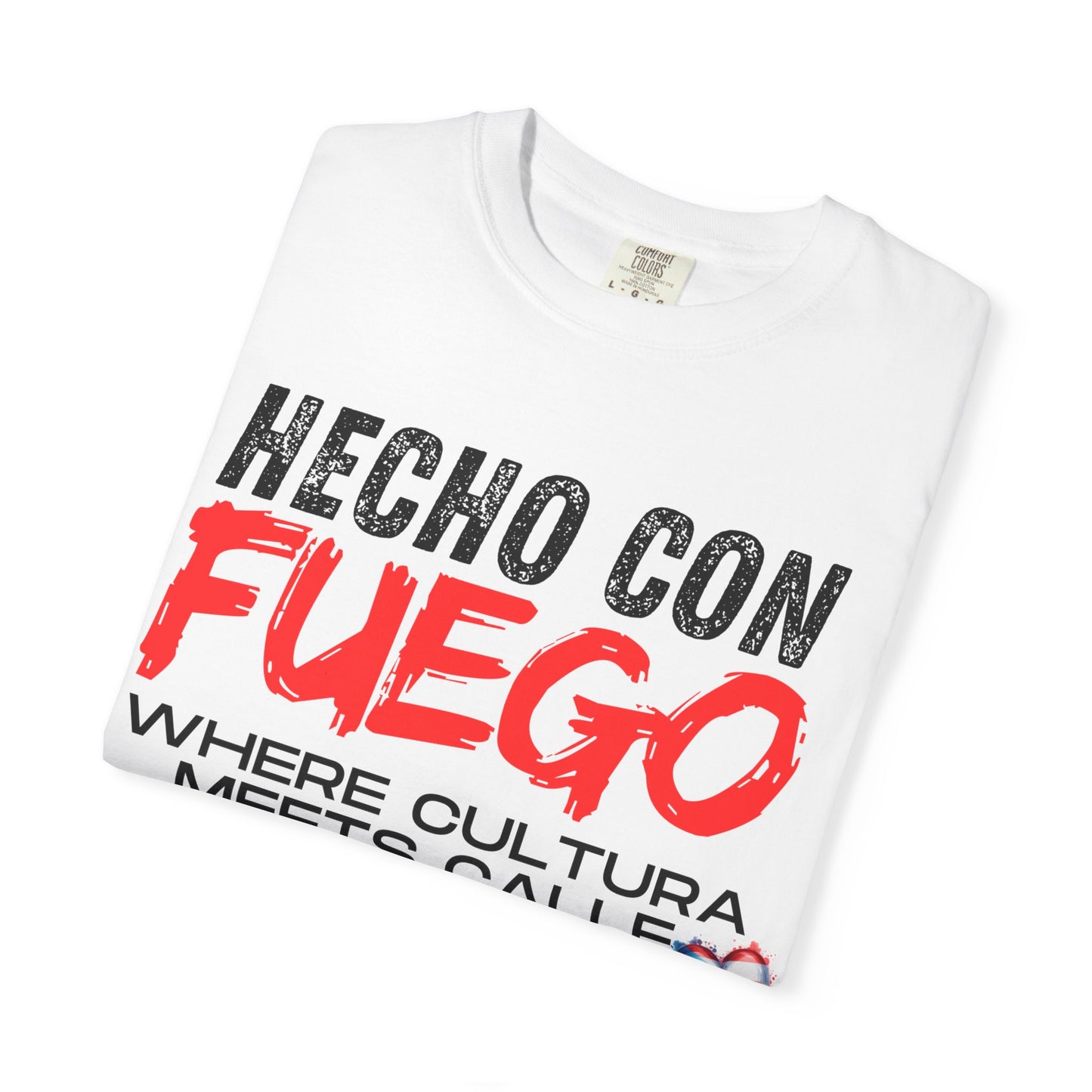 FUEGO T-Shirt, Boricua Pride Graphic Tee, Spanglish Streetwear, Puerto Rican Flag Heart Design