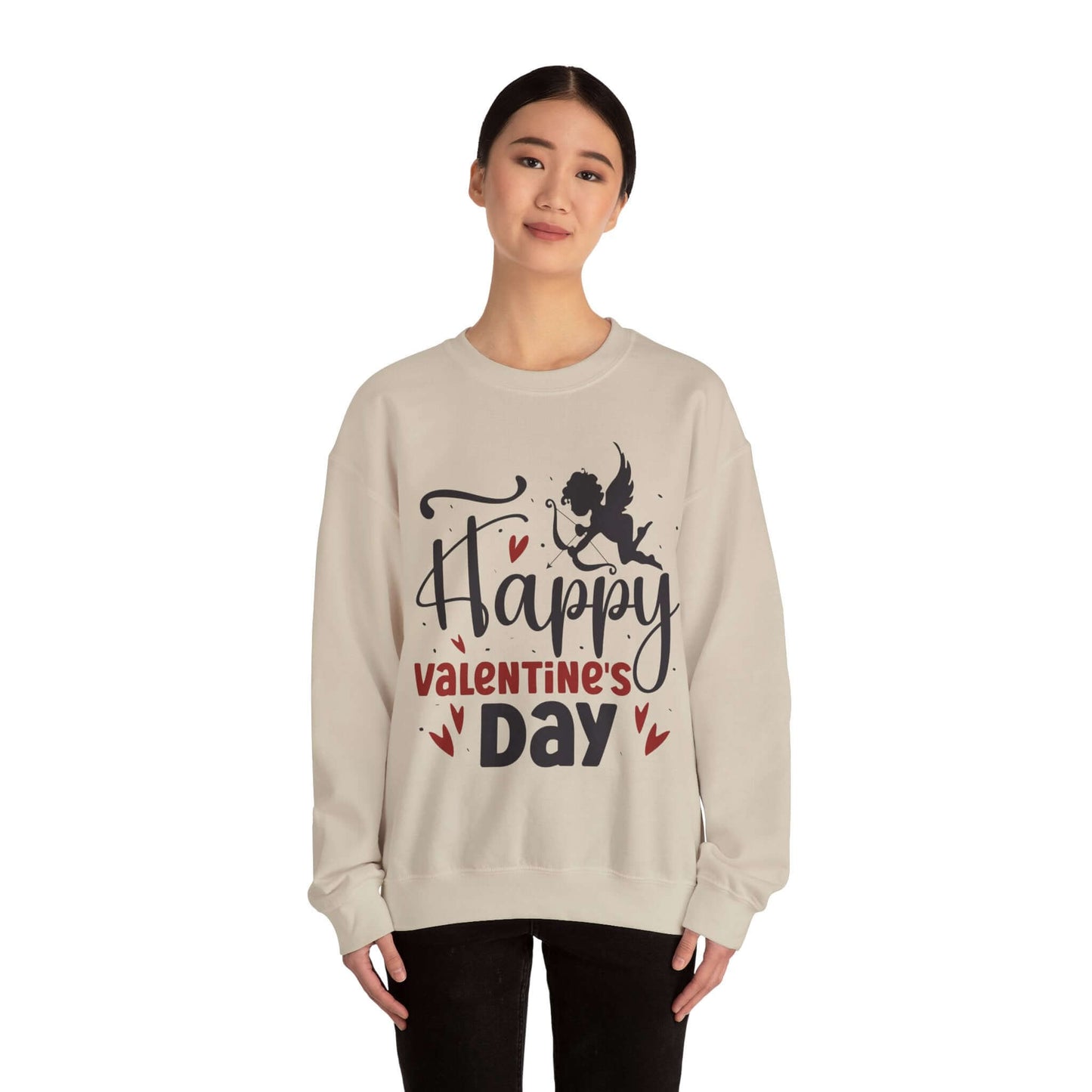 Woman wearing 'Happy Valentine's Day' sweatshirt with cupid design, perfect for festive celebration.