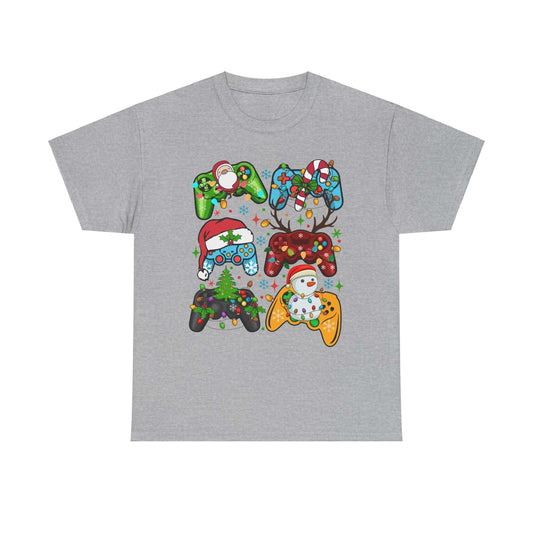 Christmas Gaming Controller Tee featuring playful designs with Santa, snowmen, and holiday colors on a gray shirt.