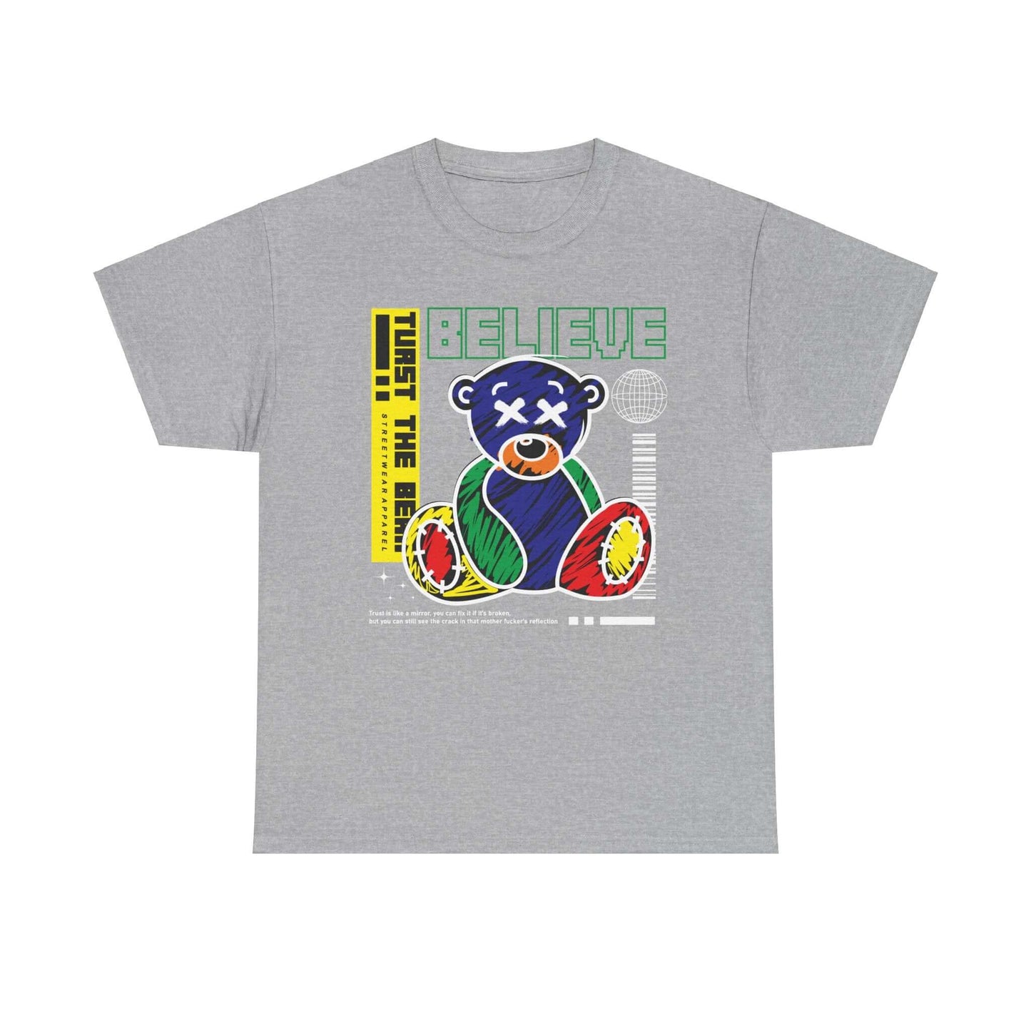 Gray unisex tee with multicolored bear drawing and inspirational 'Believe' quote, ideal for casual wear and gifting on special occasions.