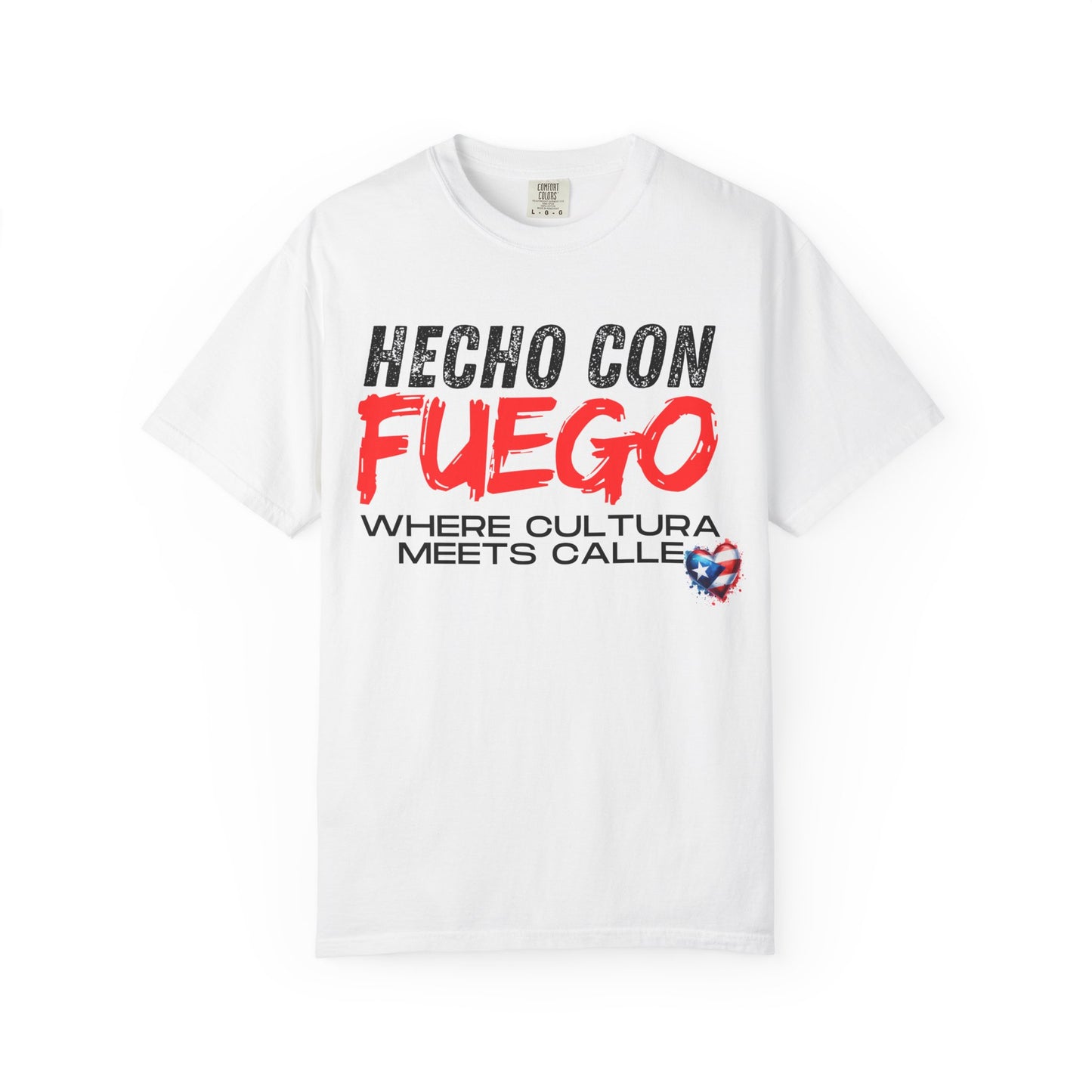 FUEGO T-Shirt, Boricua Pride Graphic Tee, Spanglish Streetwear, Puerto Rican Flag Heart Design
