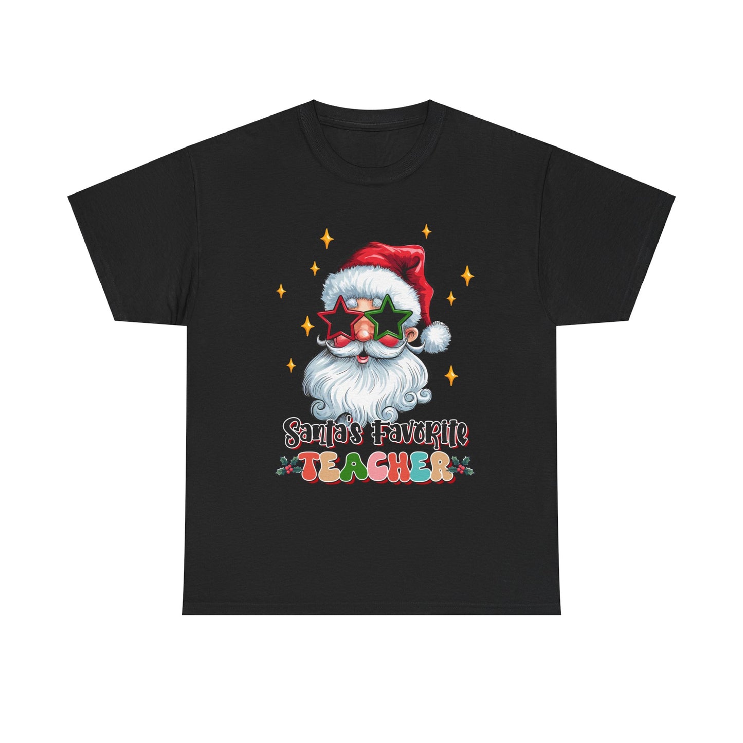 Black Christmas tee featuring Santa with sunglasses and text "Santa's Favorite Teacher" for festive appreciation gifts.