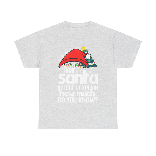 Funny Christmas unisex tee with Santa hat and Christmas tree design, featuring playful text for the holiday season.