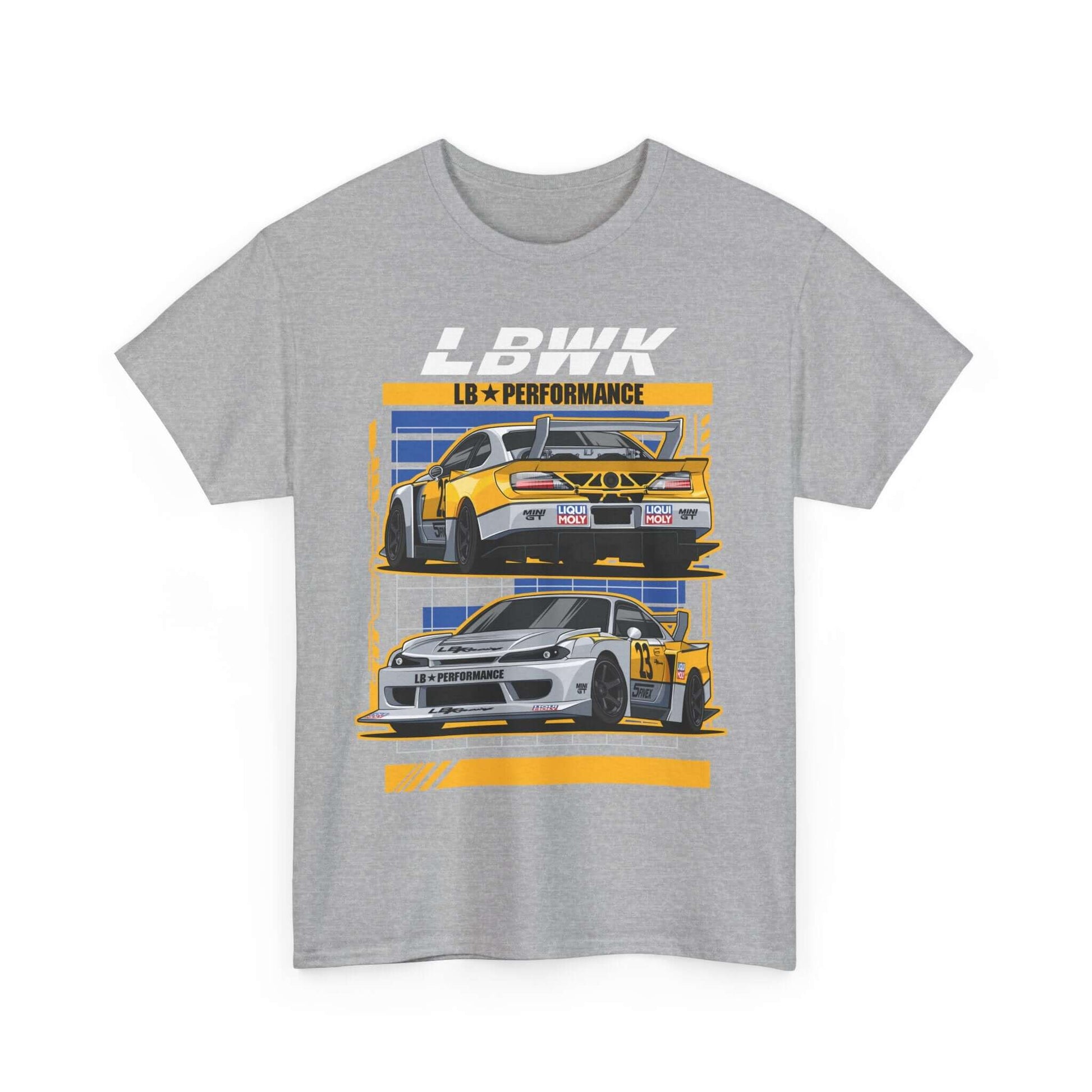 Retro Pop Art Tee with LB Performance Race Cars, yellow and white stripes, cozy holiday gift for car enthusiasts. Unisex, classic fit.