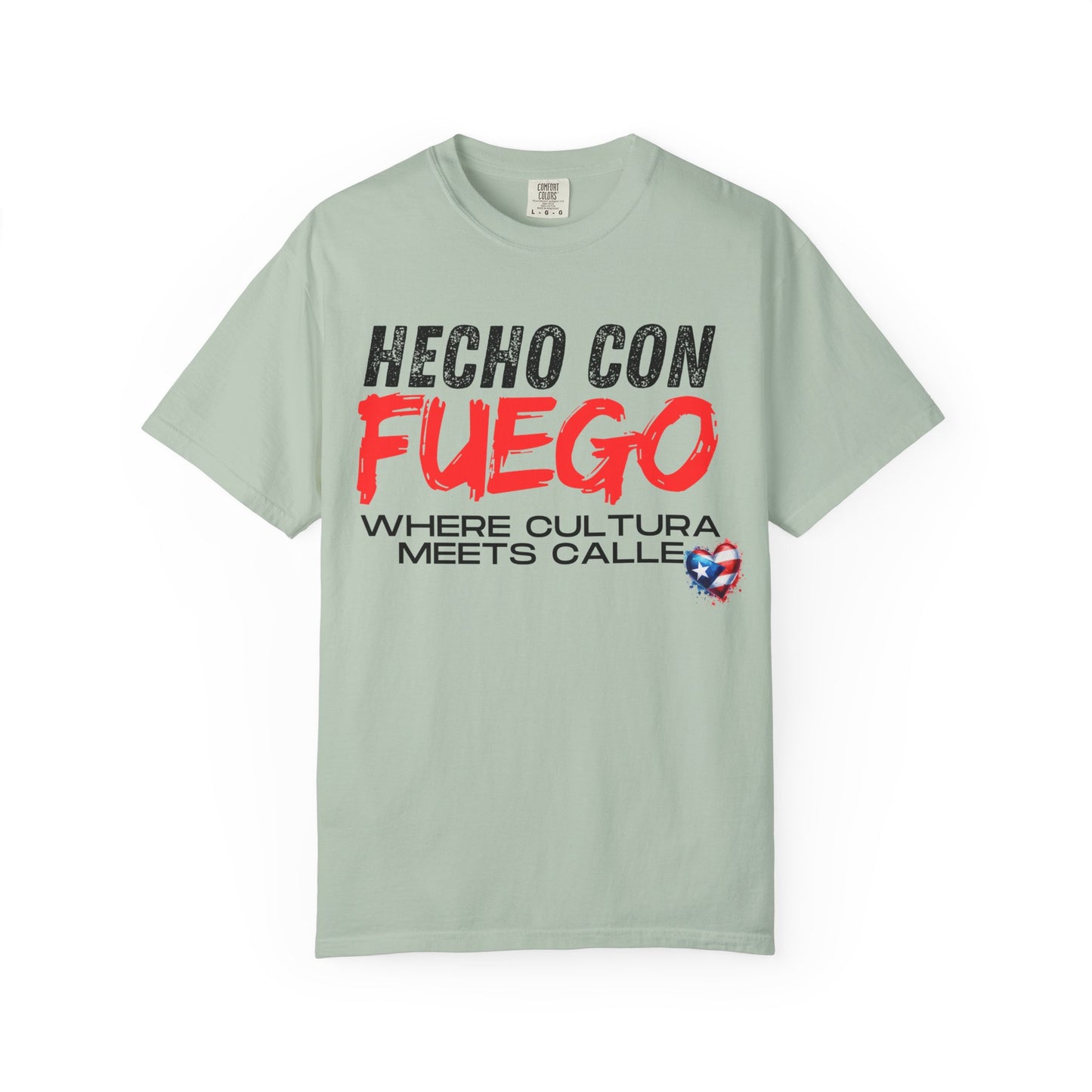 FUEGO T-Shirt, Boricua Pride Graphic Tee, Spanglish Streetwear, Puerto Rican Flag Heart Design
