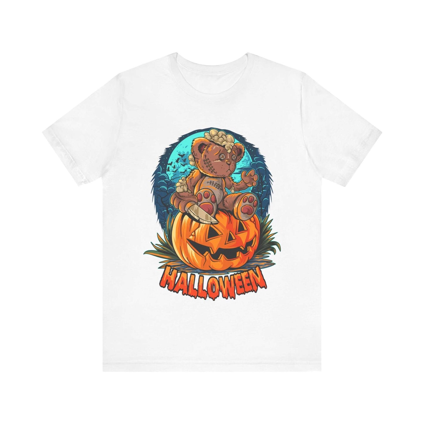 Spooky Teddy Bear Halloween Women's T-shirt, Cartoon Scary Pumpkin Tee, Costume Idea for Halloween, Trick-or-Treating, and Haunted Adventure