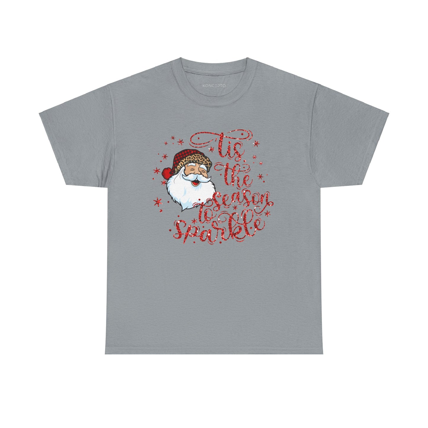 Light gray tee featuring a cheerful Santa Claus and "Tis the Season to Sparkle" design with glittery stars for festive cheer.