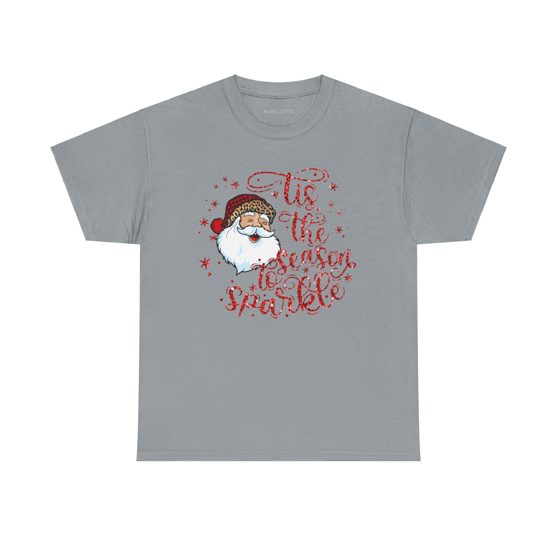 Light gray tee featuring a cheerful Santa Claus and "Tis the Season to Sparkle" design with glittery stars for festive cheer.