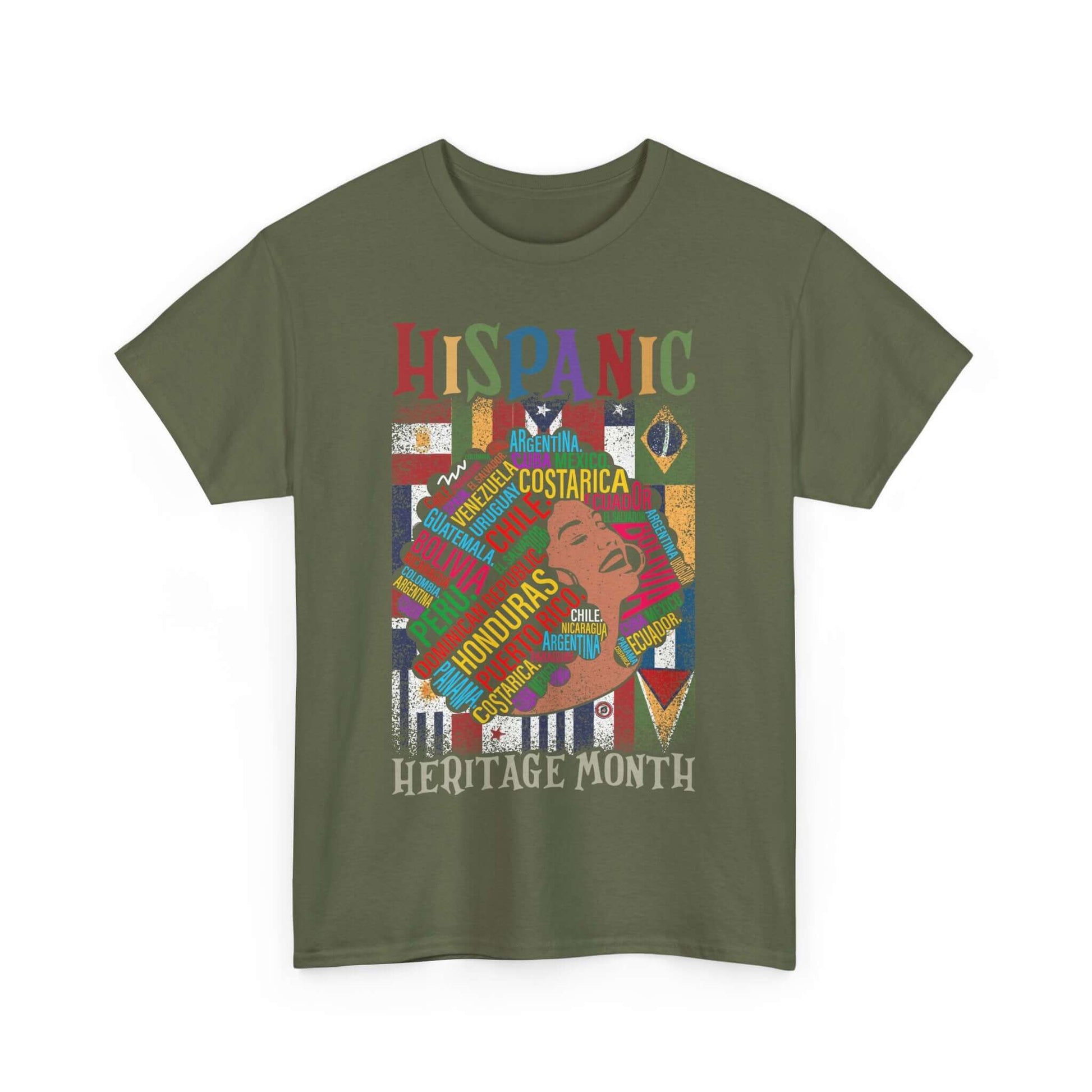 Hispanic Heritage Tee with vibrant flag portrait design and bold text, perfect for cultural pride and celebration of heritage.