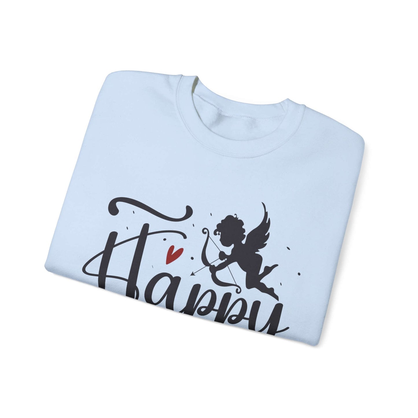 Folded white sweatshirt with 'Happy' text and silhouette of Cupid holding a bow and arrow for Valentine's Day.