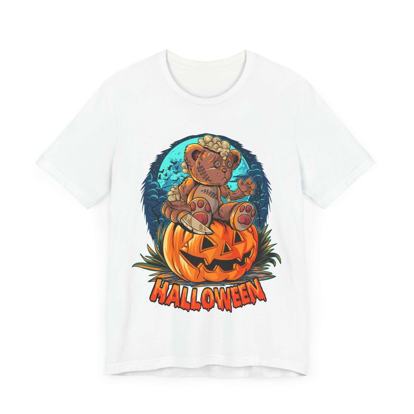 Spooky Teddy Bear Halloween Women's T-shirt, Cartoon Scary Pumpkin Tee, Costume Idea for Halloween, Trick-or-Treating, and Haunted Adventure