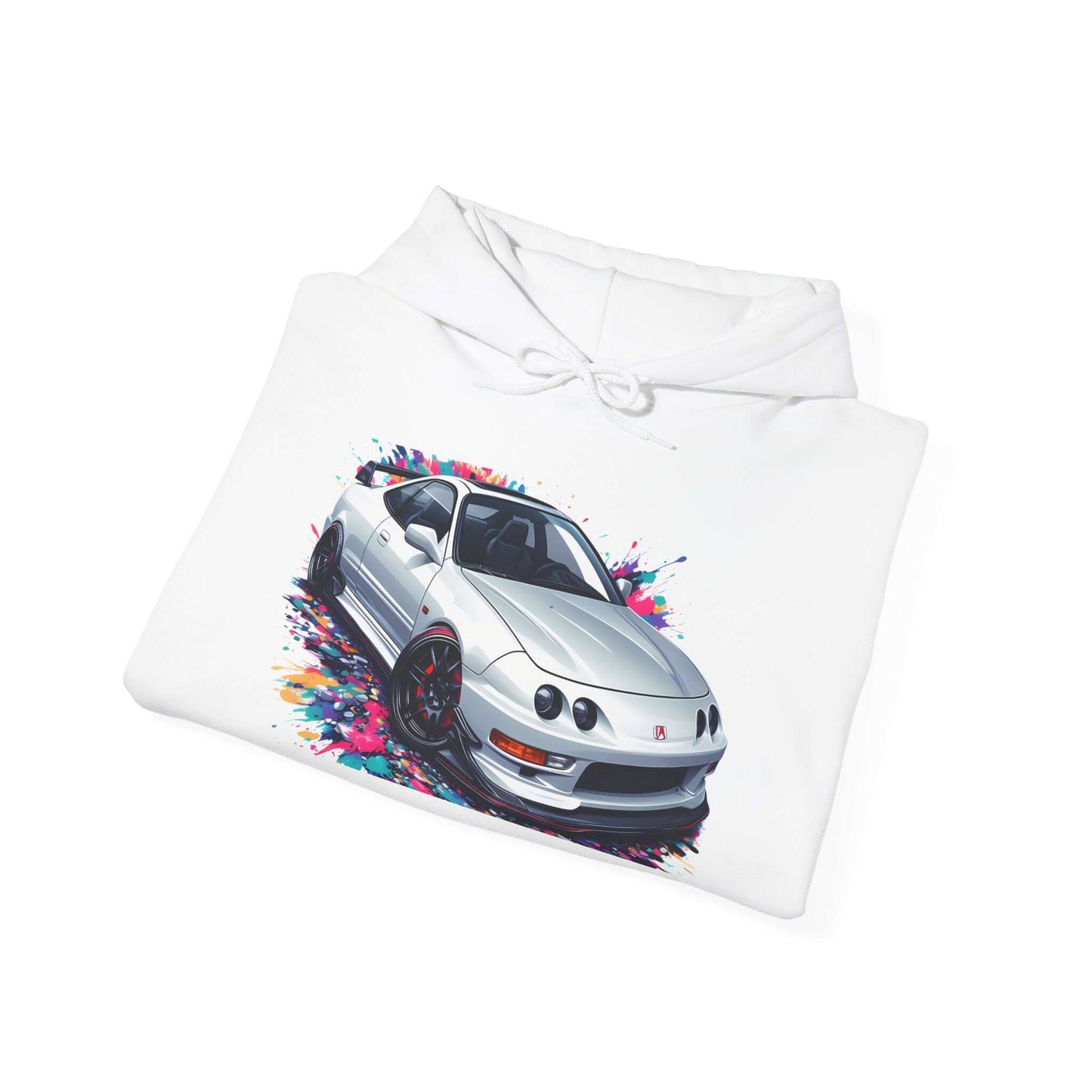 White hooded sweatshirt with DC2 USDM front clip design, sporty car enthusiast apparel.
