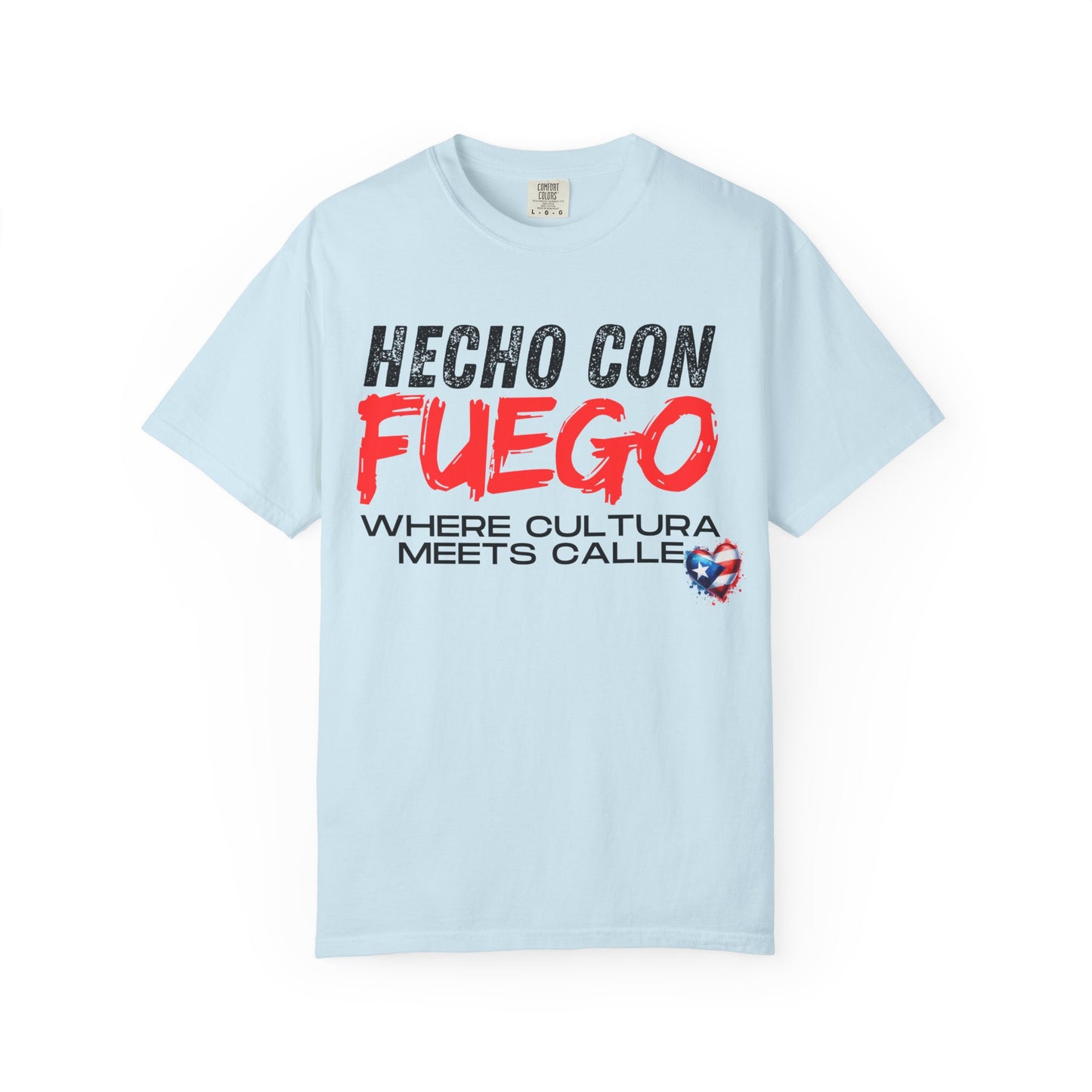 FUEGO T-Shirt, Boricua Pride Graphic Tee, Spanglish Streetwear, Puerto Rican Flag Heart Design