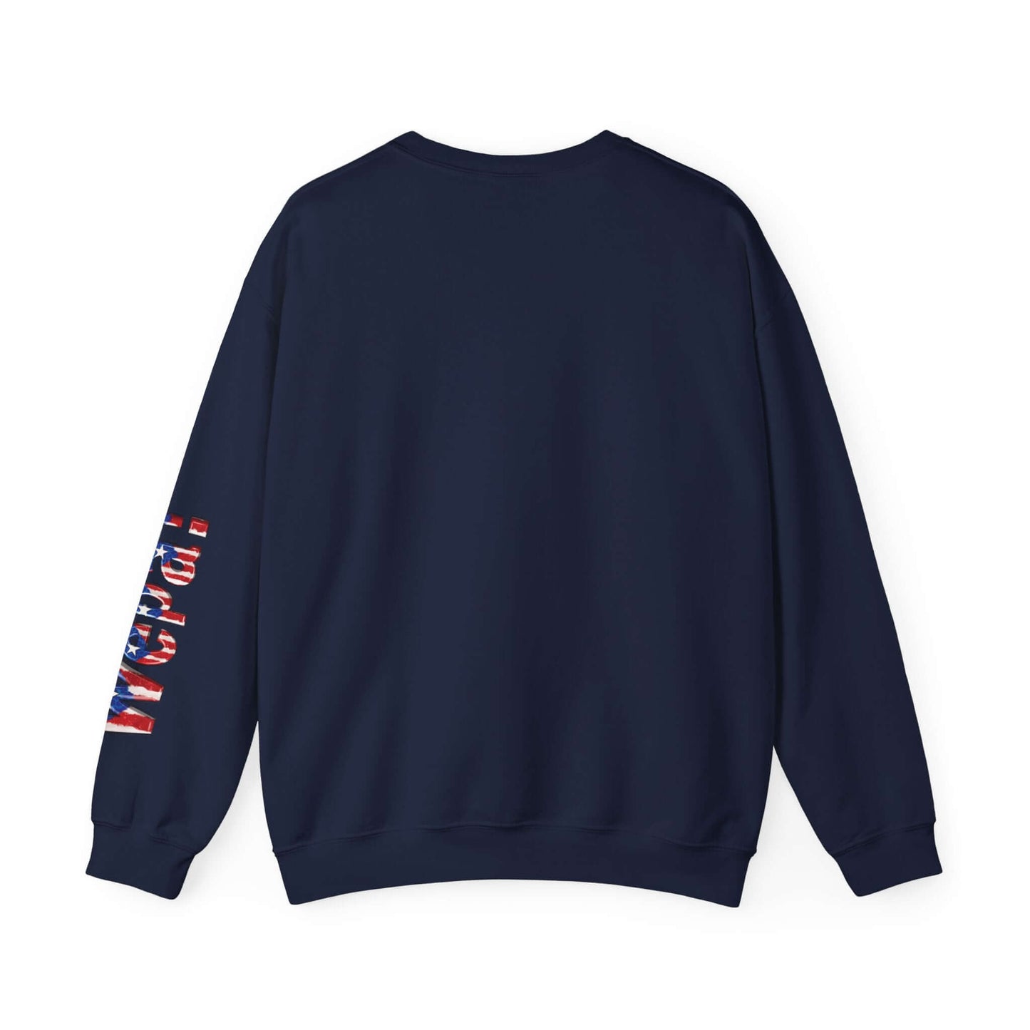 Customizable Christmas sweater with vibrant holiday print on left sleeve, navy color, perfect for festive celebrations in style.