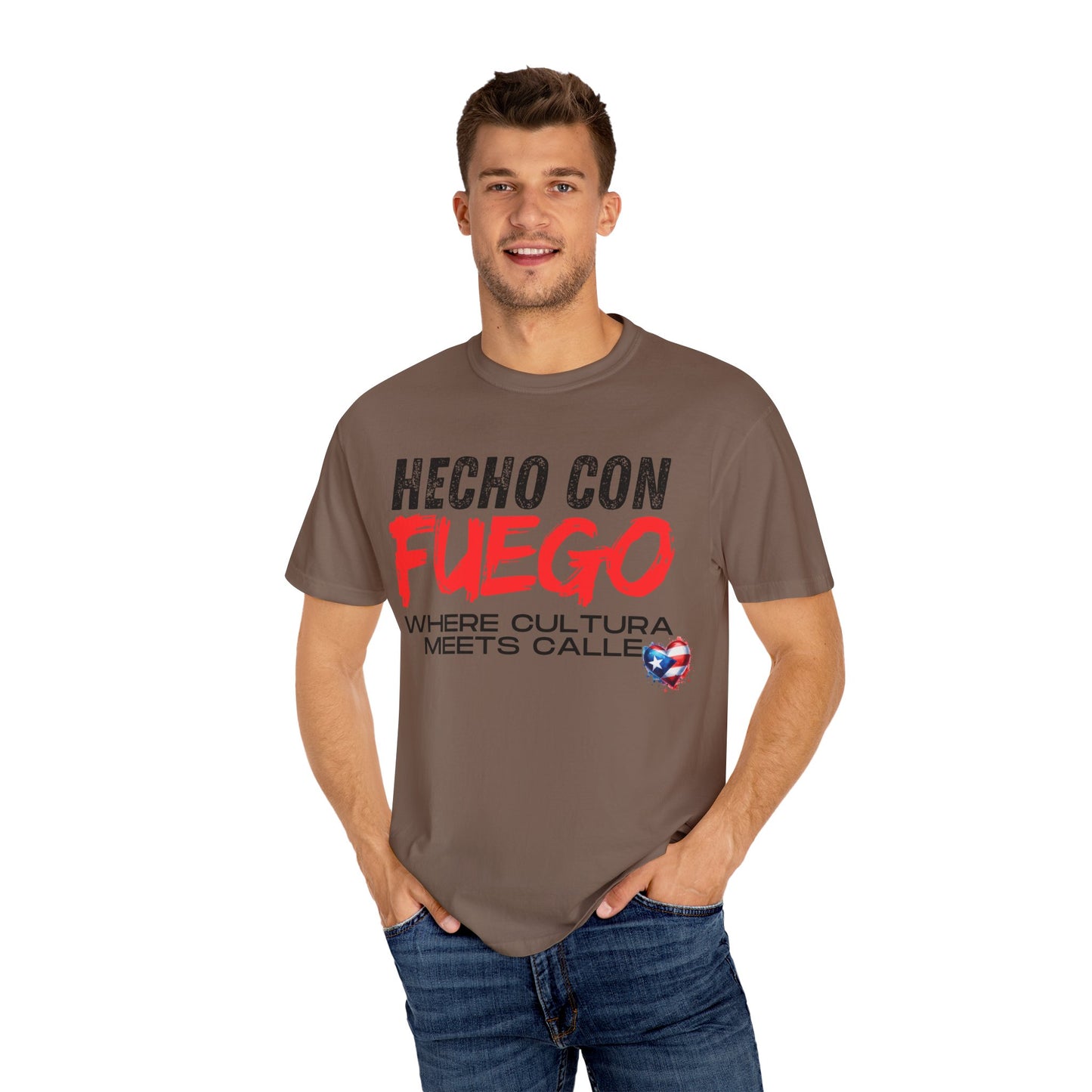FUEGO T-Shirt, Boricua Pride Graphic Tee, Spanglish Streetwear, Puerto Rican Flag Heart Design