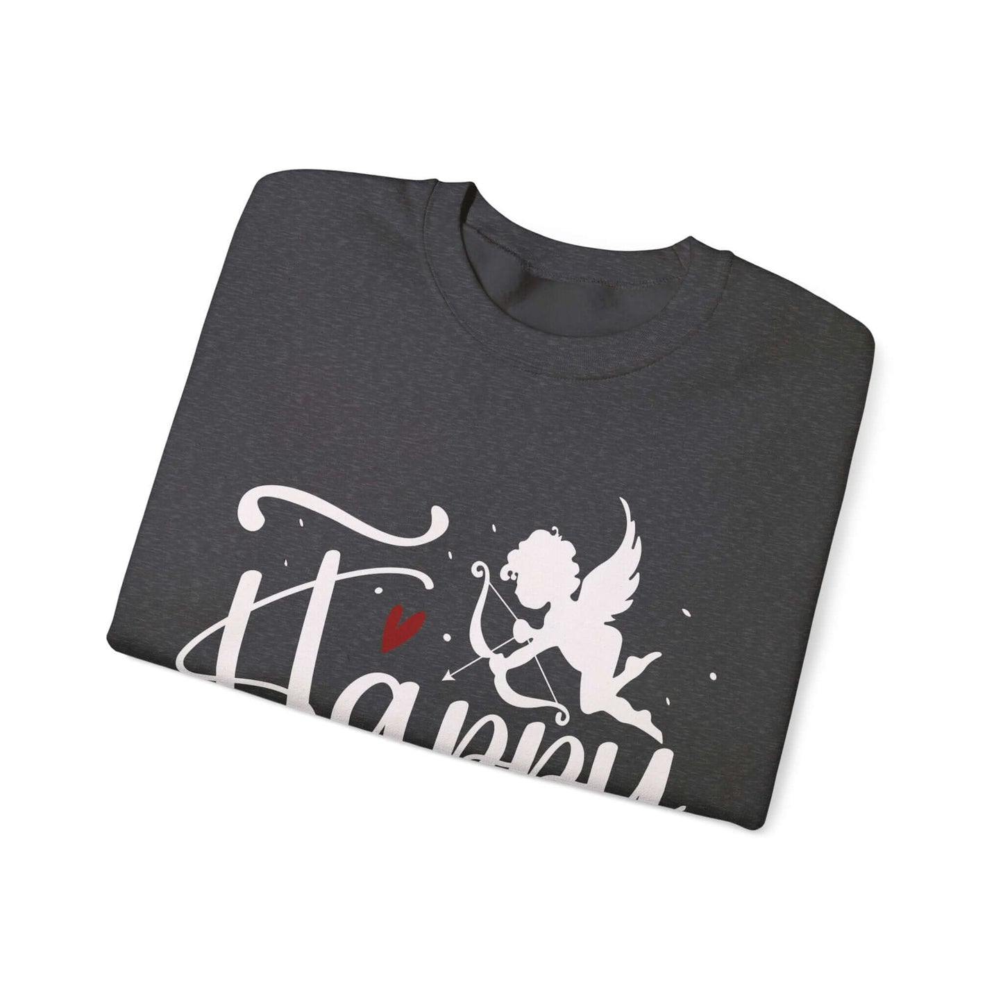Folded gray sweatshirt featuring a Cupid with bow and arrow, a small red heart, and the word 'Happy' in stylish font.