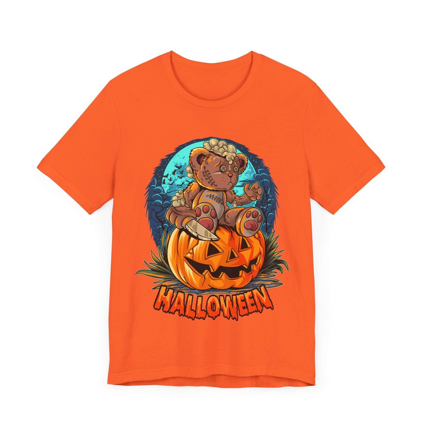 Spooky Teddy Bear Halloween Women's T-shirt, Cartoon Scary Pumpkin Tee, Costume Idea for Halloween, Trick-or-Treating, and Haunted Adventure