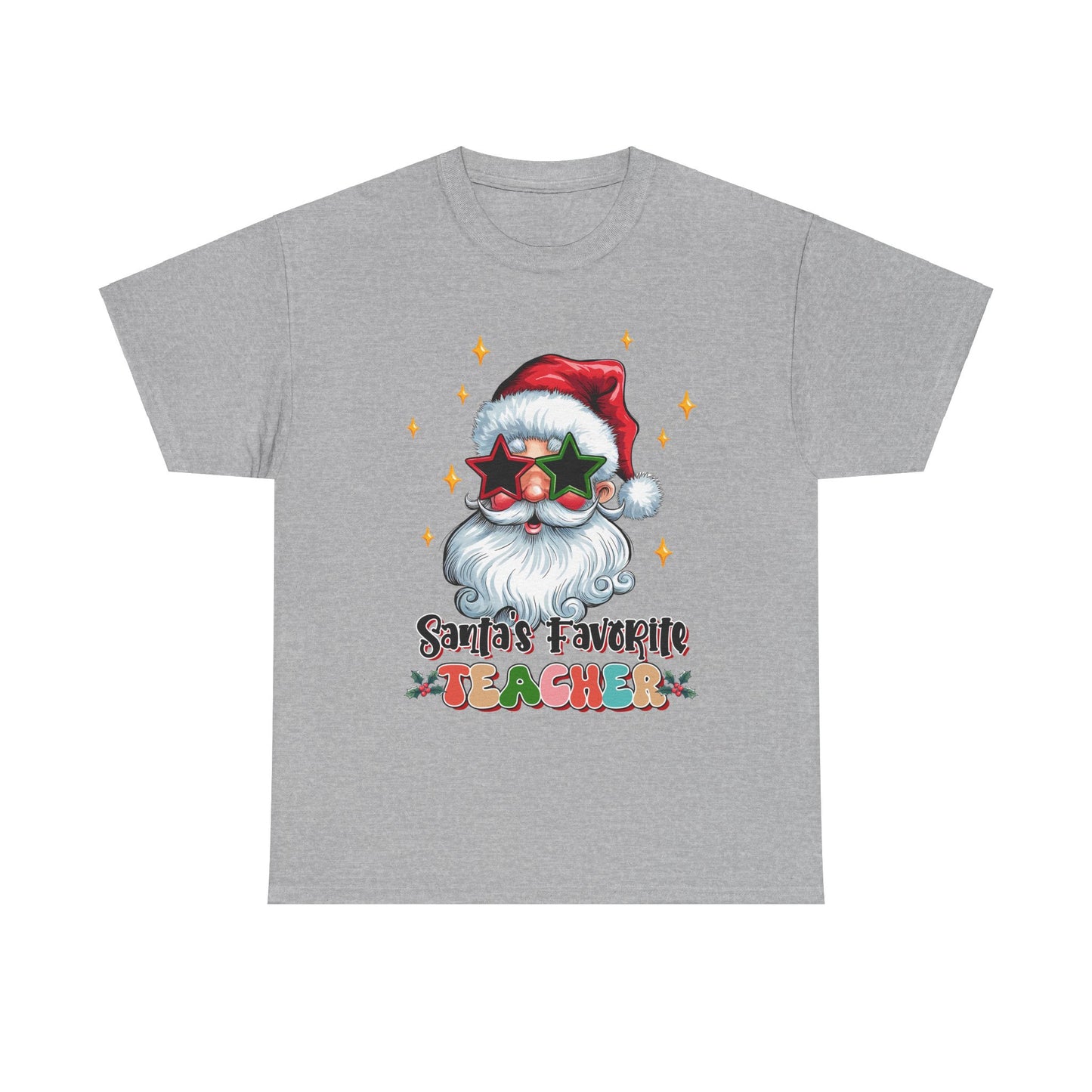 Santa's Favorite Teacher festive Christmas tee in gray with colorful Santa graphic and star sunglasses, perfect appreciation gift.