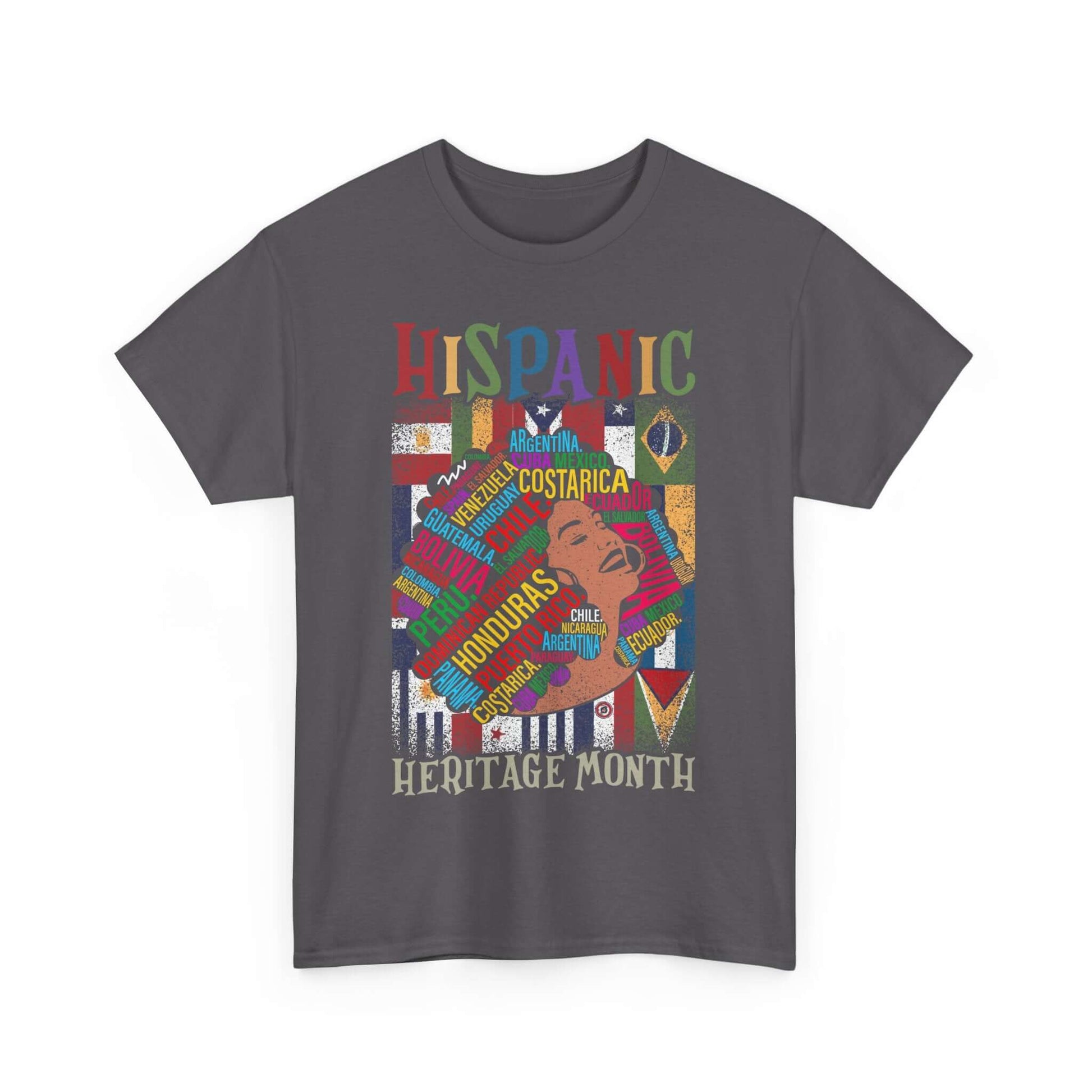 Hispanic Heritage Tee featuring flag portrait design with bold "Hispanic Heritage Month" text on a dark shirt.