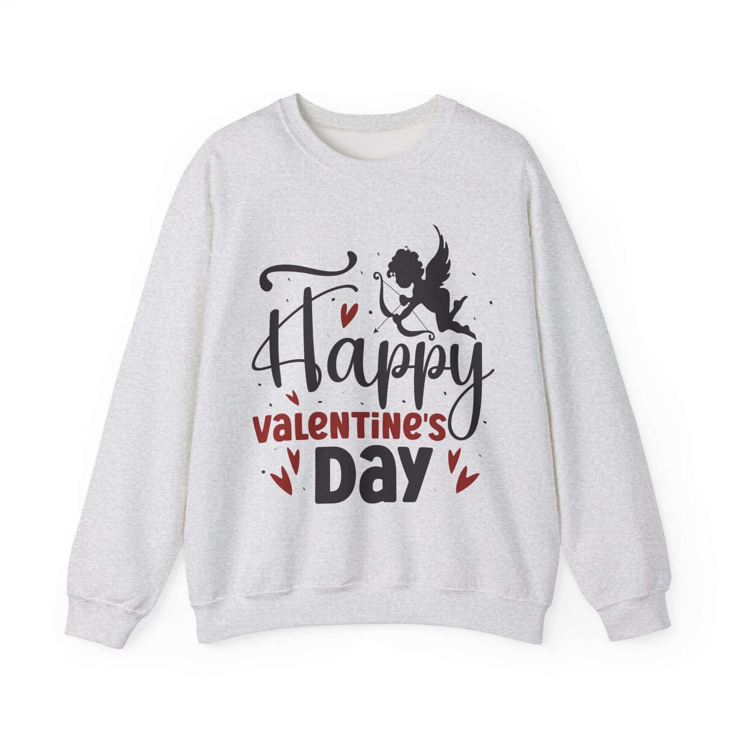 Valentine's Day sweatshirt with 'Happy Valentine's Day' text and cupid graphic on gray fabric