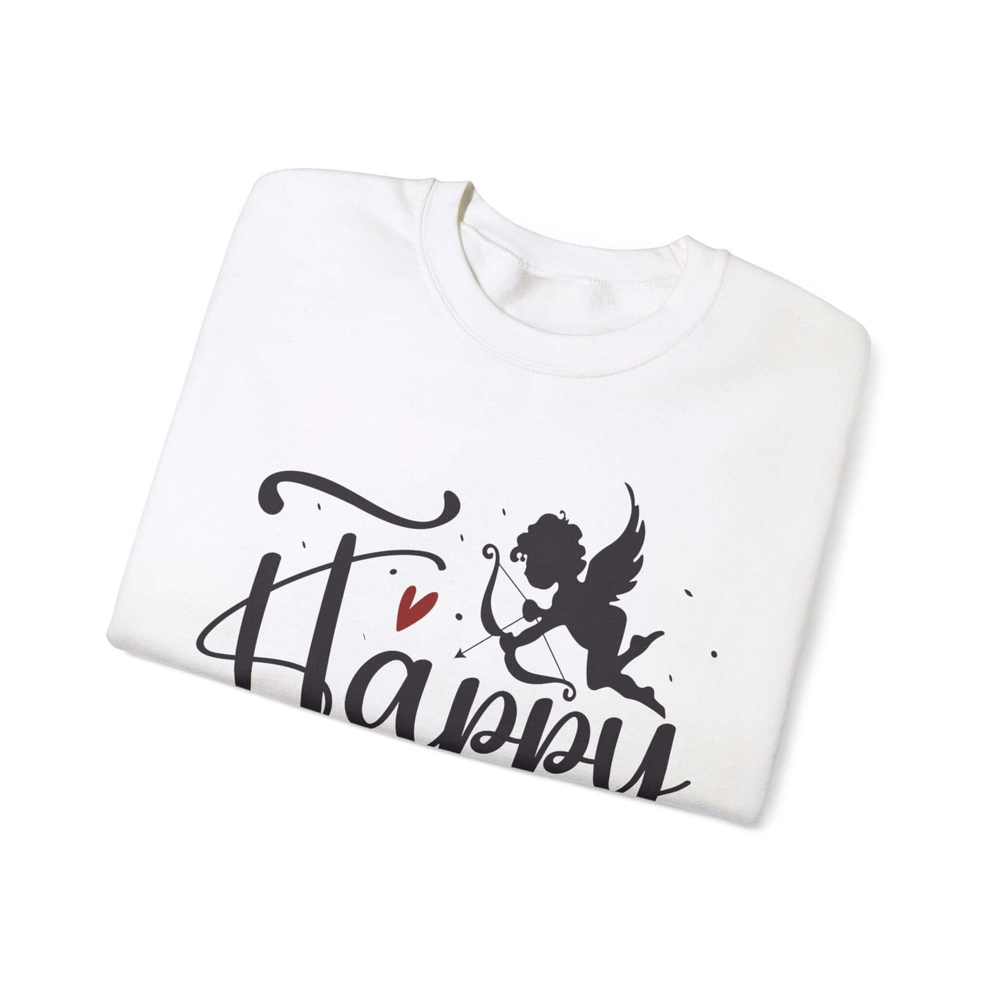 White sweatshirt with a black Cupid and red heart graphic design, featuring the word 'Happy.' Perfect for Valentine's Day or romantic occasions.