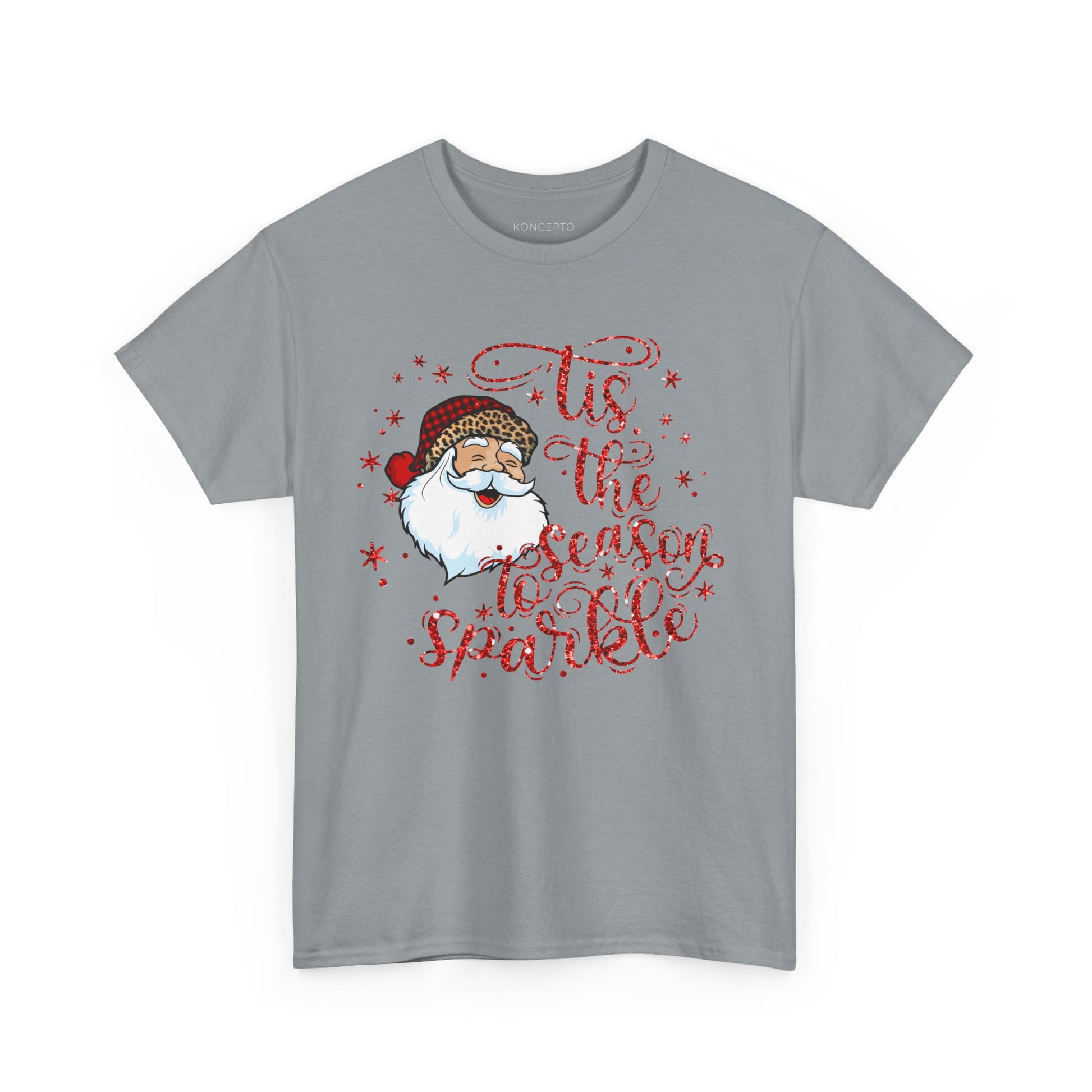 Gray T-shirt featuring cheerful Santa Claus and 'Tis the Season to Sparkle' festive design with glittery stars.