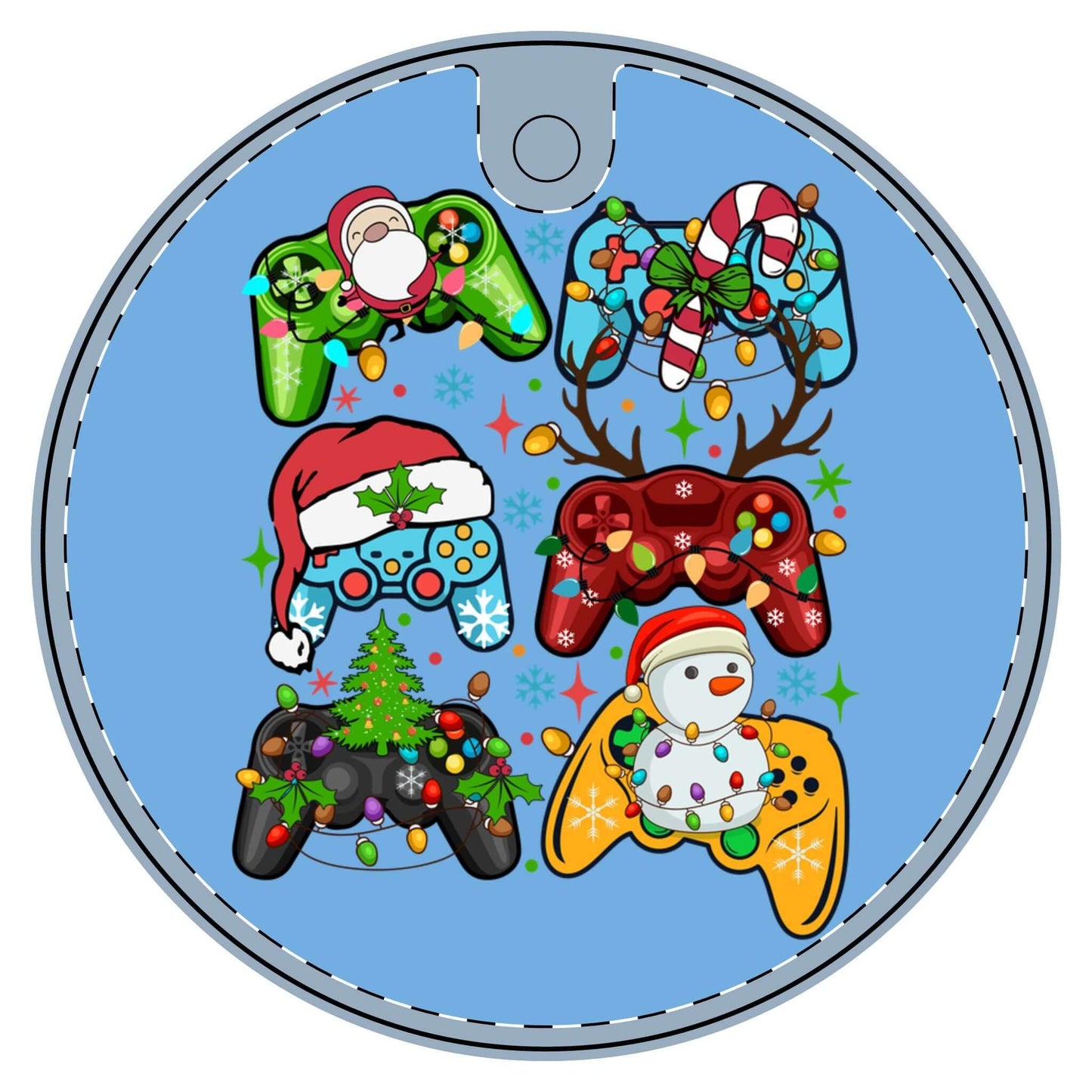 Colorful Christmas-themed gaming controllers ornament featuring Santa, snowman, and holiday decorations.