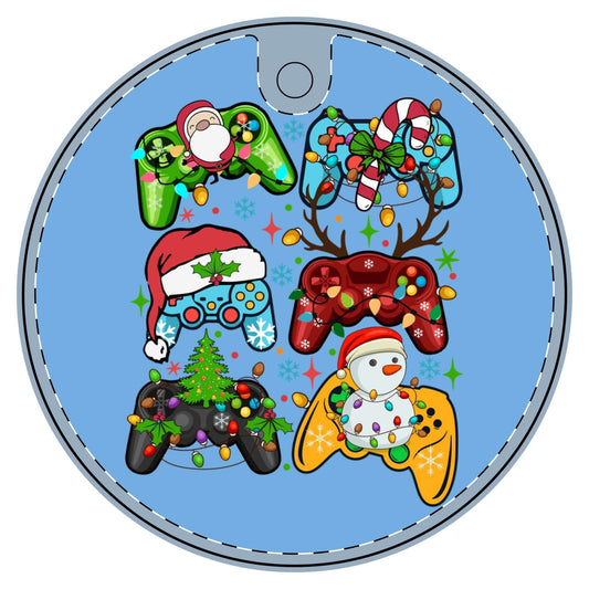 Colorful Christmas-themed gaming controllers ornament featuring Santa, snowman, and holiday decorations.
